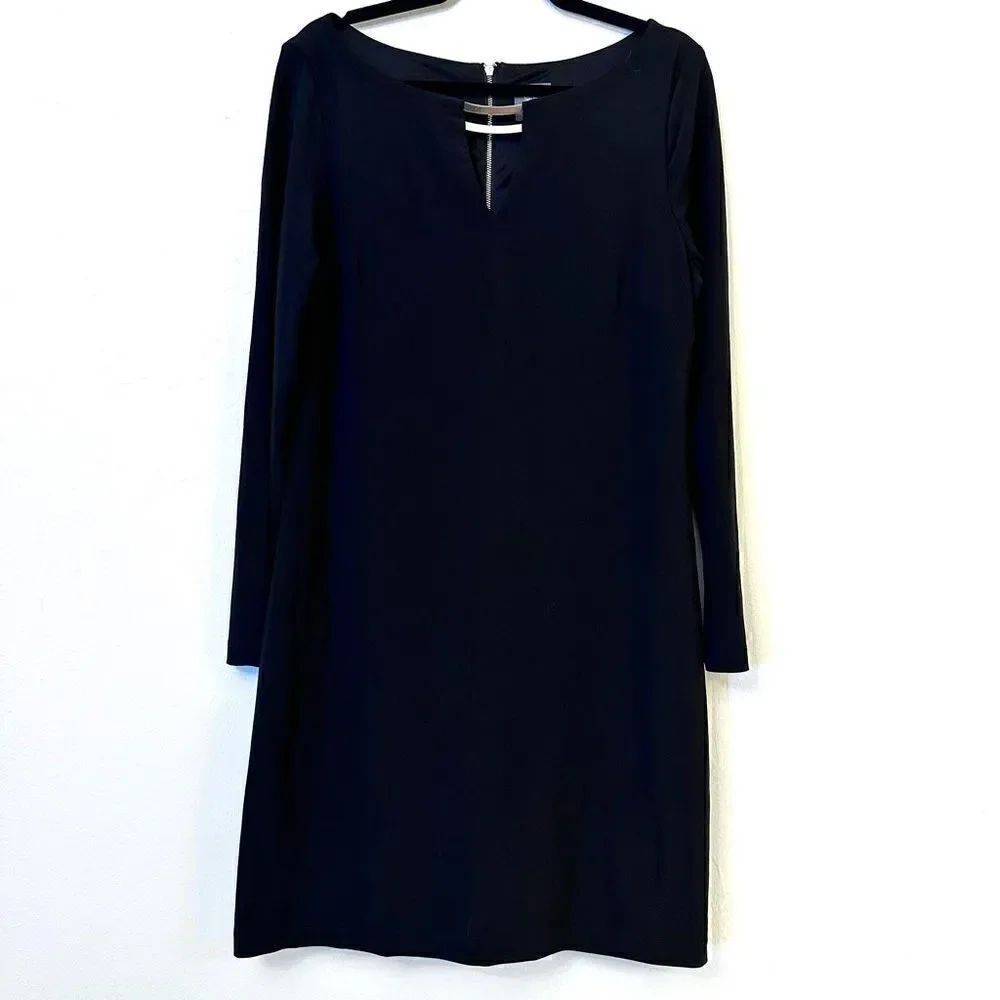 Vince Camuto Exposed Back Zip Keyhole Long Sleeve Shift Sheath Dress Black Size